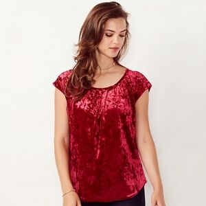 LC Lauren Conrad | Elegant Rumba Red Velvet Pleated Top